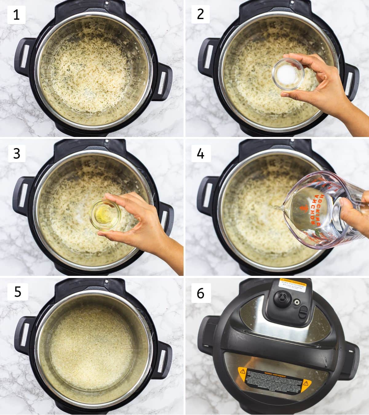 Collage of 6 images showing adding ingredients into instant pot for cooking rice.