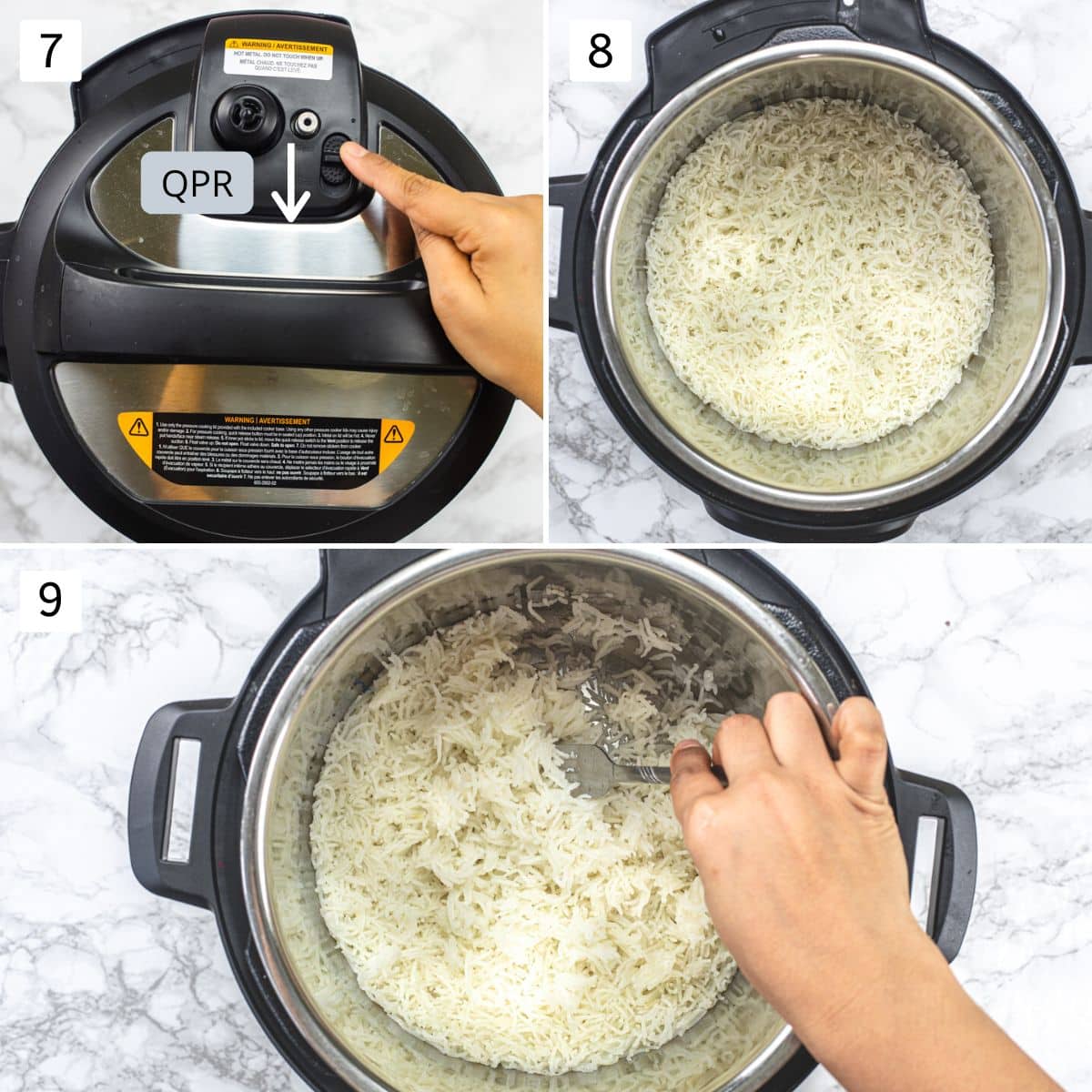 Collage of 3 images showing releasing pressure and cooked, fluffed up rice.