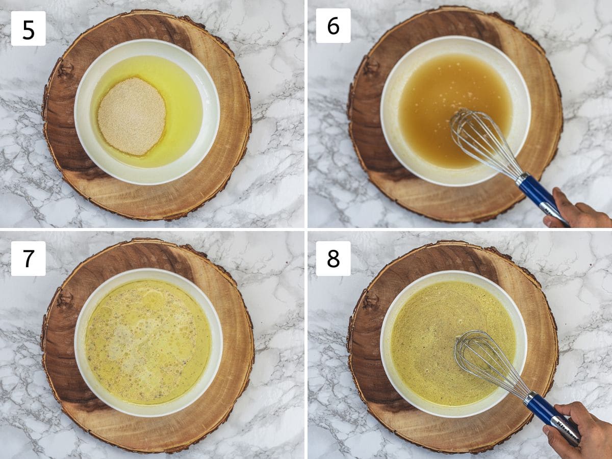 Collage of 4 images showing mixing wet ingredients.