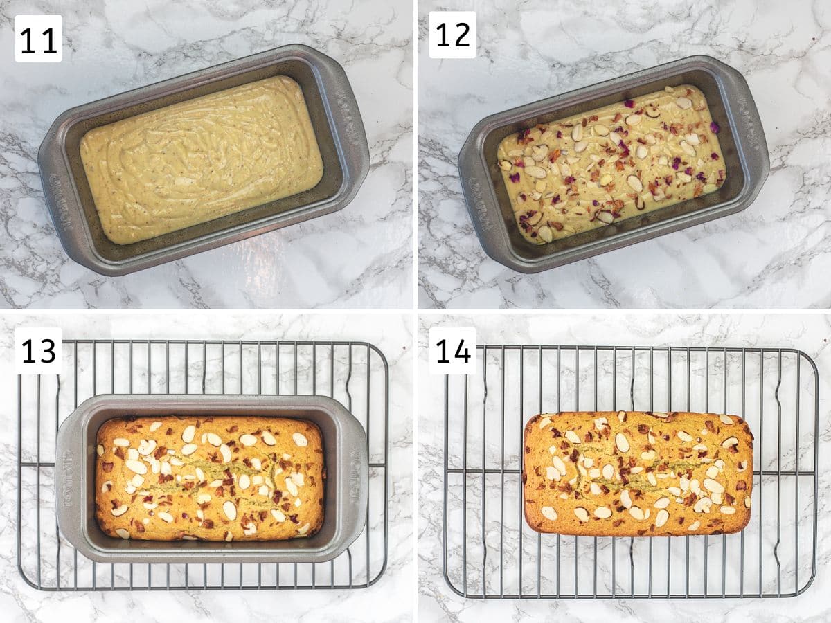 Collage of 4 images showing batter in a loaf pan, garnished, baked and cooling on the rack.