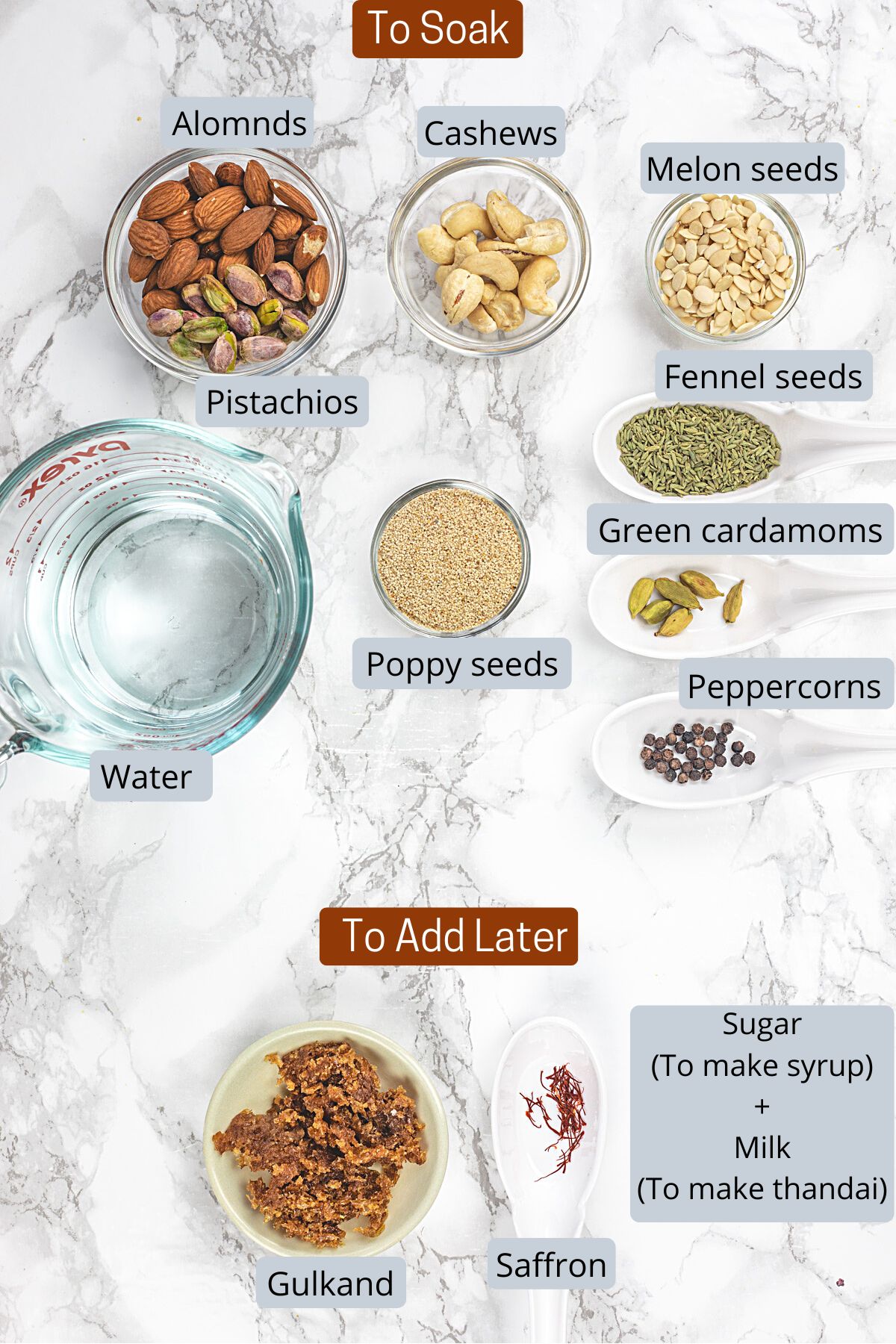 Thandai paste ingredients in bowls and spoons with labels.