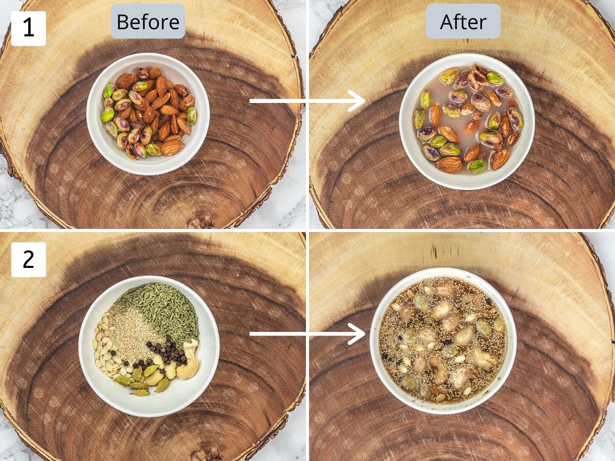 Collage of 4 steps showing soaking nuts, spices.