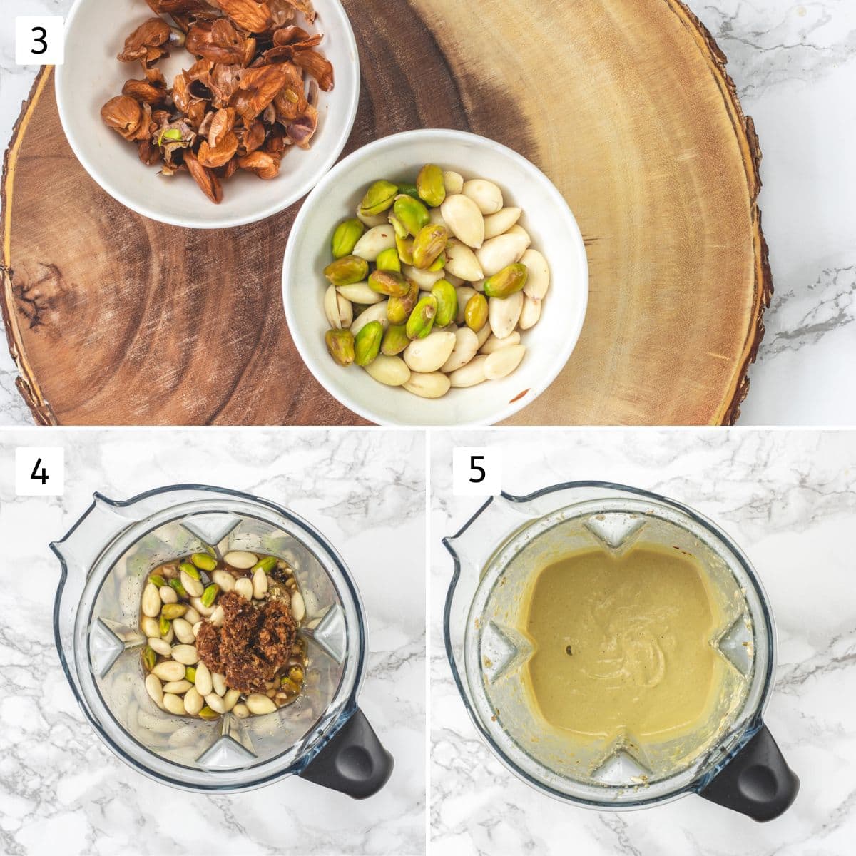 Collage of 3 steps showing peeling almonds, pistachios and grinding into paste.