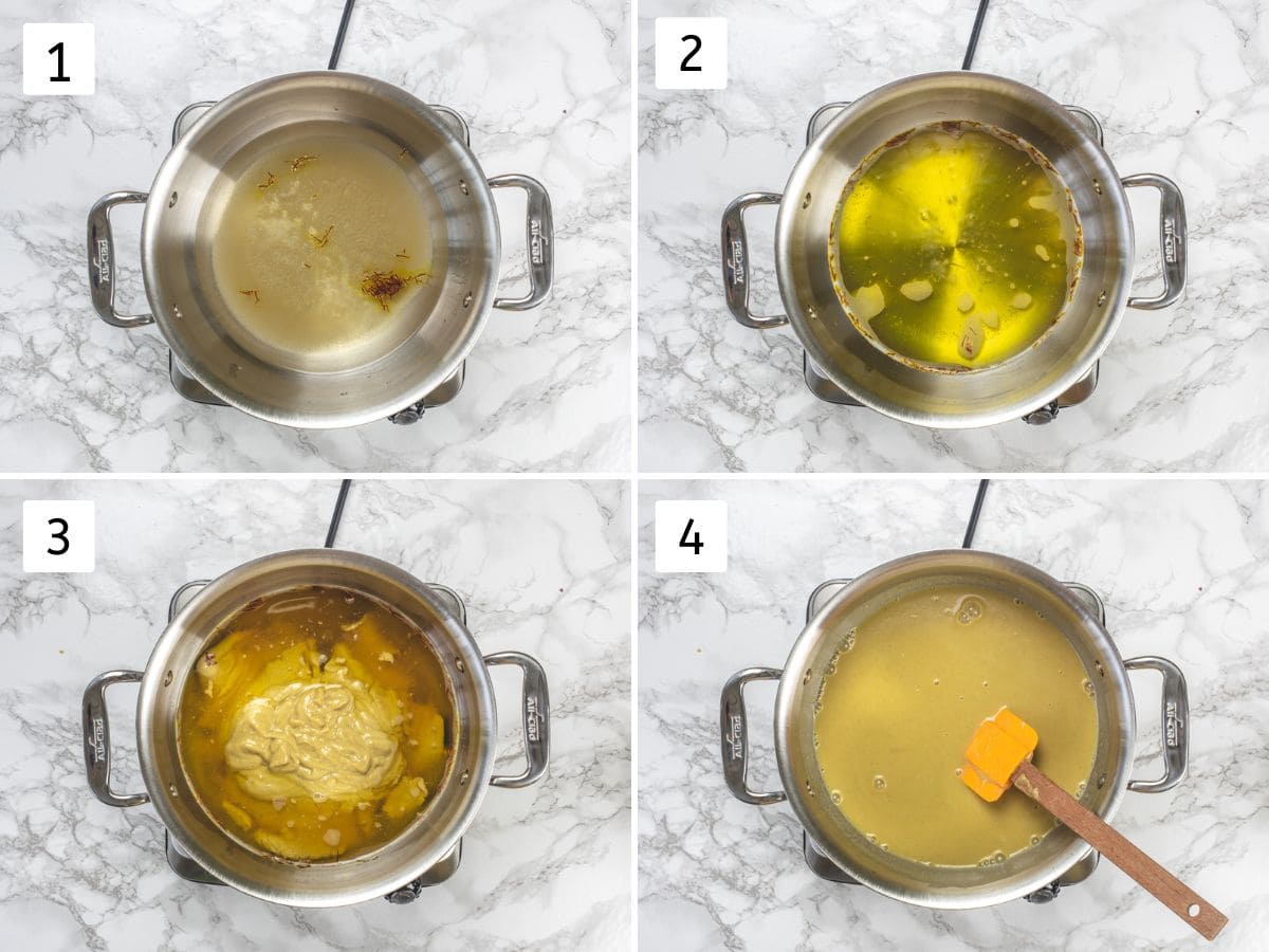 Collage of 3 steps showing making sugar syrup, adding and mixing thandai paste.