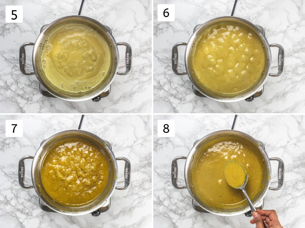 Collage of 4 steps showing simmering thandai paste and cooking until darkens and thickens.