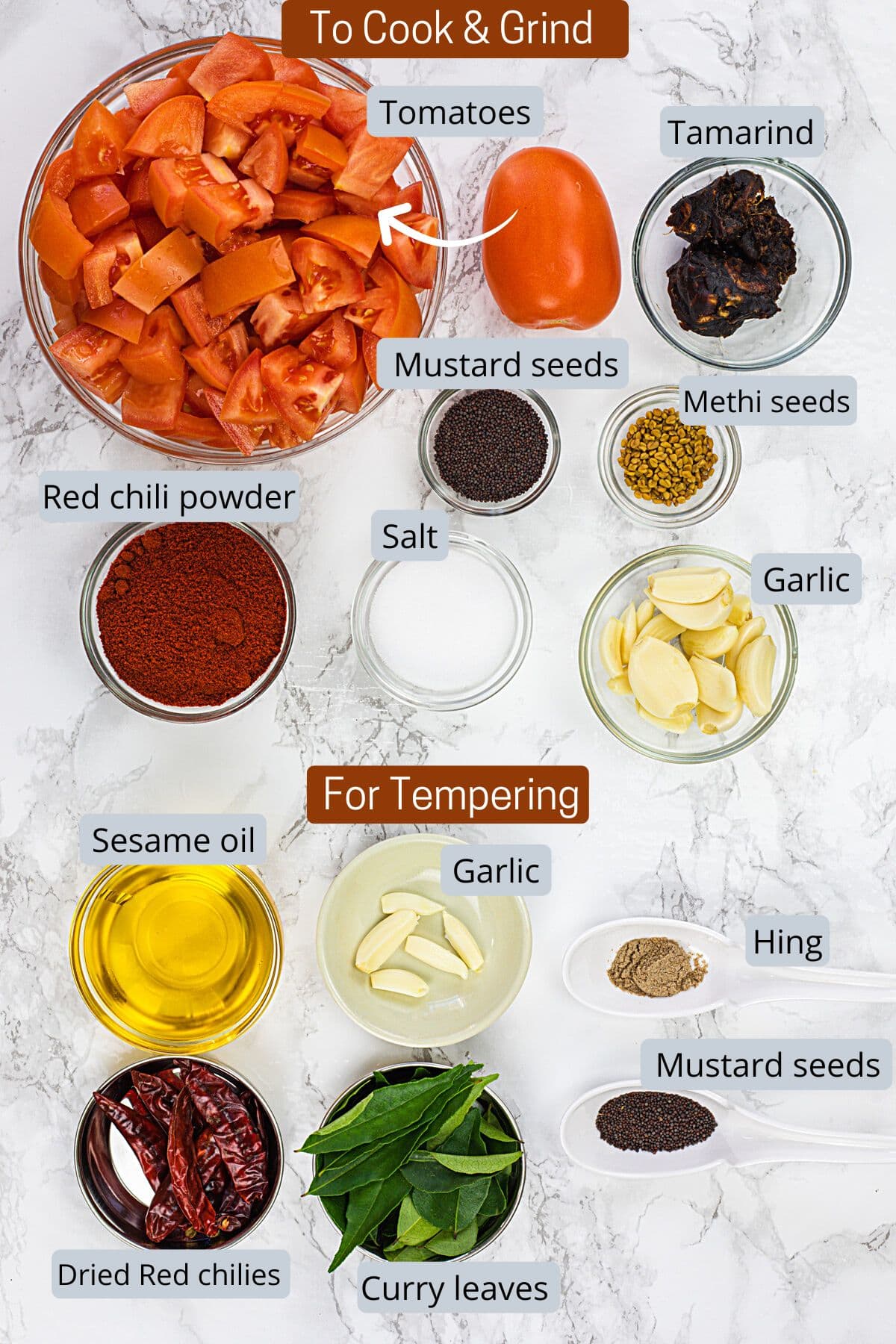 Tomato pickle ingredients in bowls and spoons with labels.