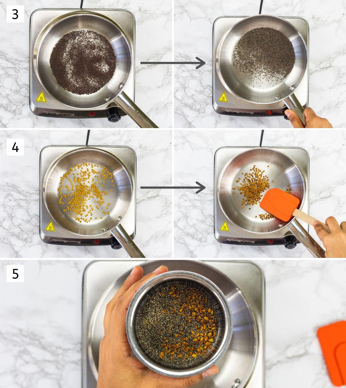 Collage of 5 images showing roasting mustard seeds, fenugreek seeds and removing in a bowl.