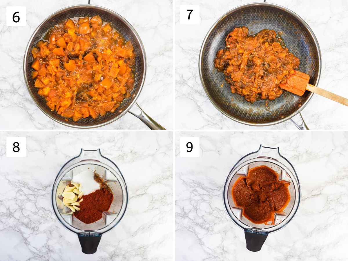 Collage of 4 images showing cooking tomatoes, making paste in a grinder.