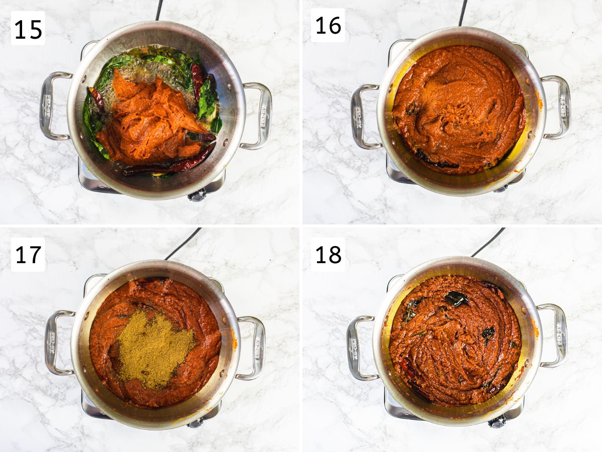 Collage of 4 images showing adding tomato paste and prepared powder and mixed.