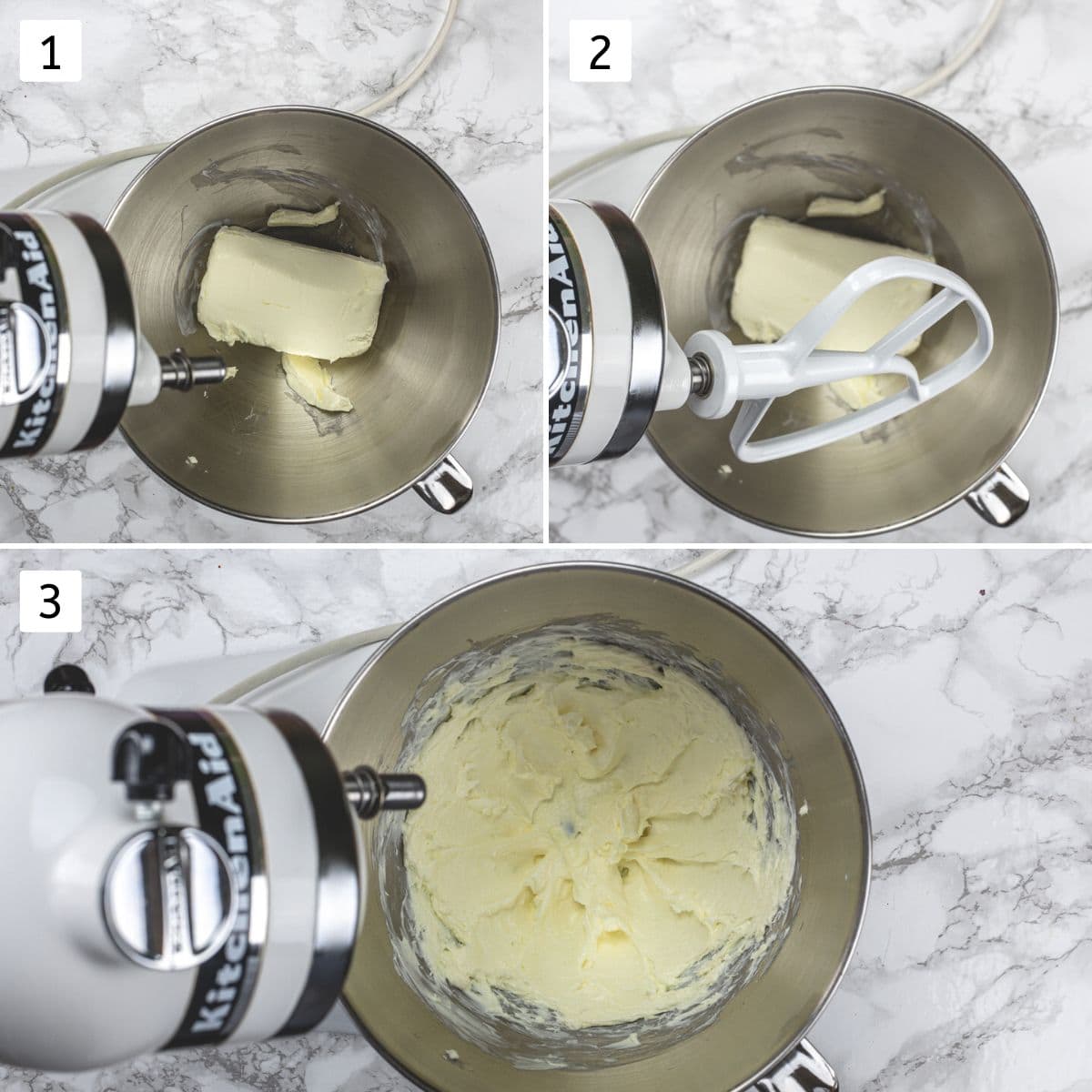 Collage of 3 images showing block of cream cheese in a bowl and beating with paddle attachment.