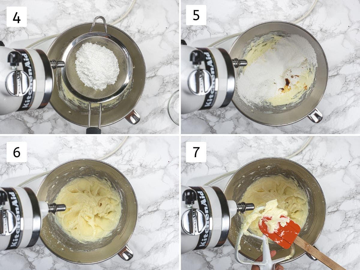 Collage of 4 images showing adding powdered sugar, vanilla and beating it.