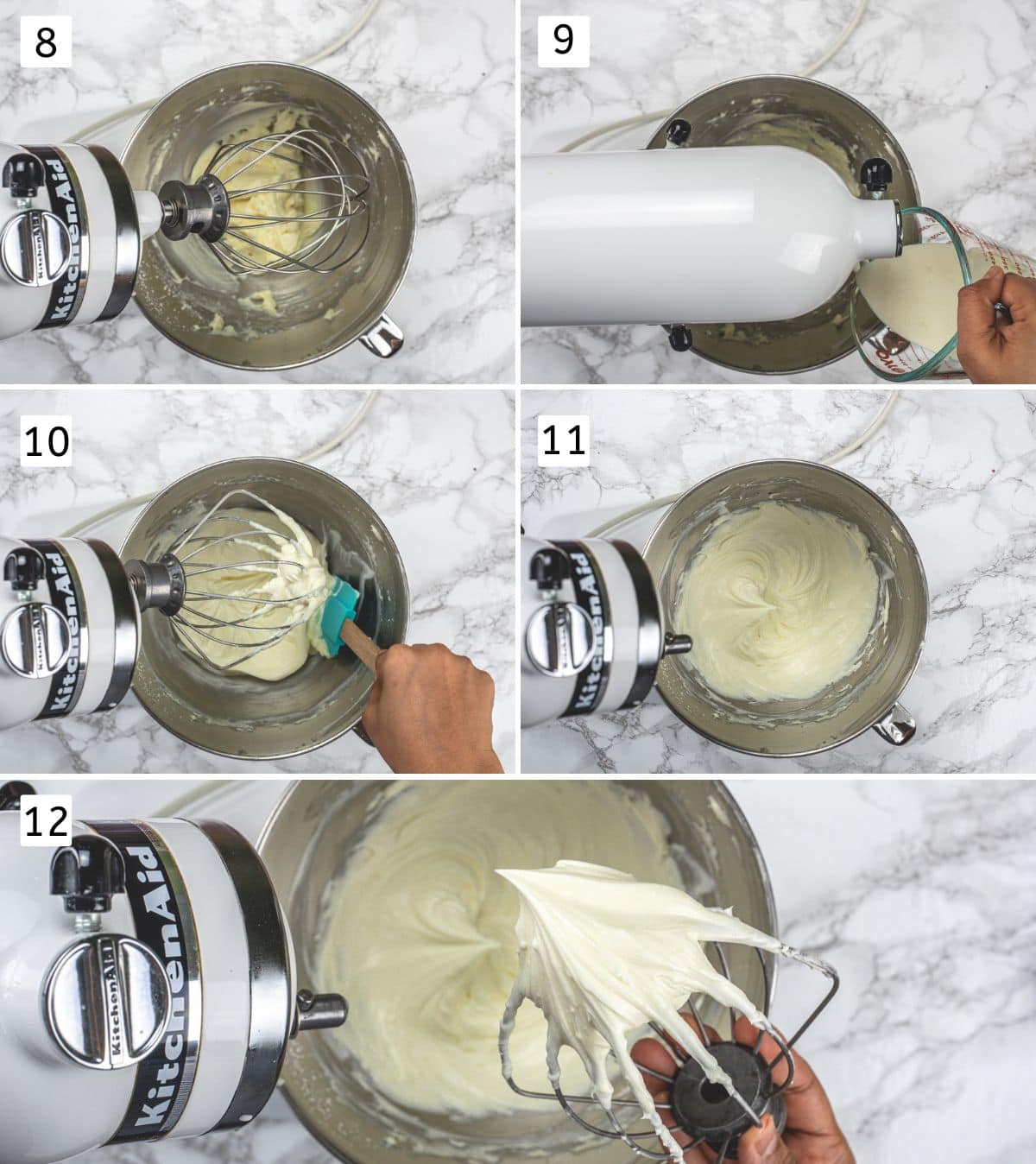 Collage of 5 images showing adding and beating heavy cream and showing stiff peak of frosting.