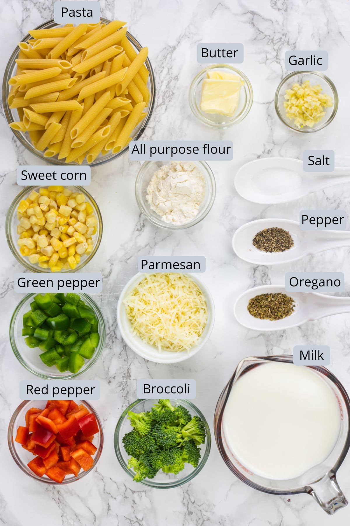 White sauce pasta ingredients in bowls and spoons with labels.