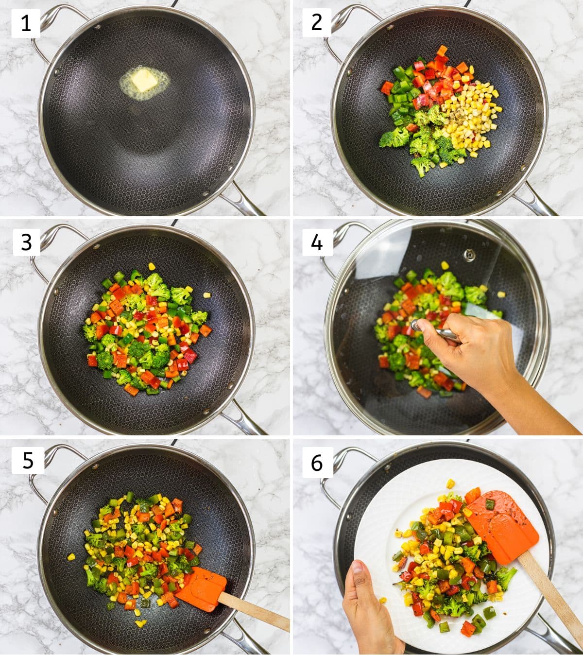 Collage of 6 images showing cooking veggies, covered in a pan.