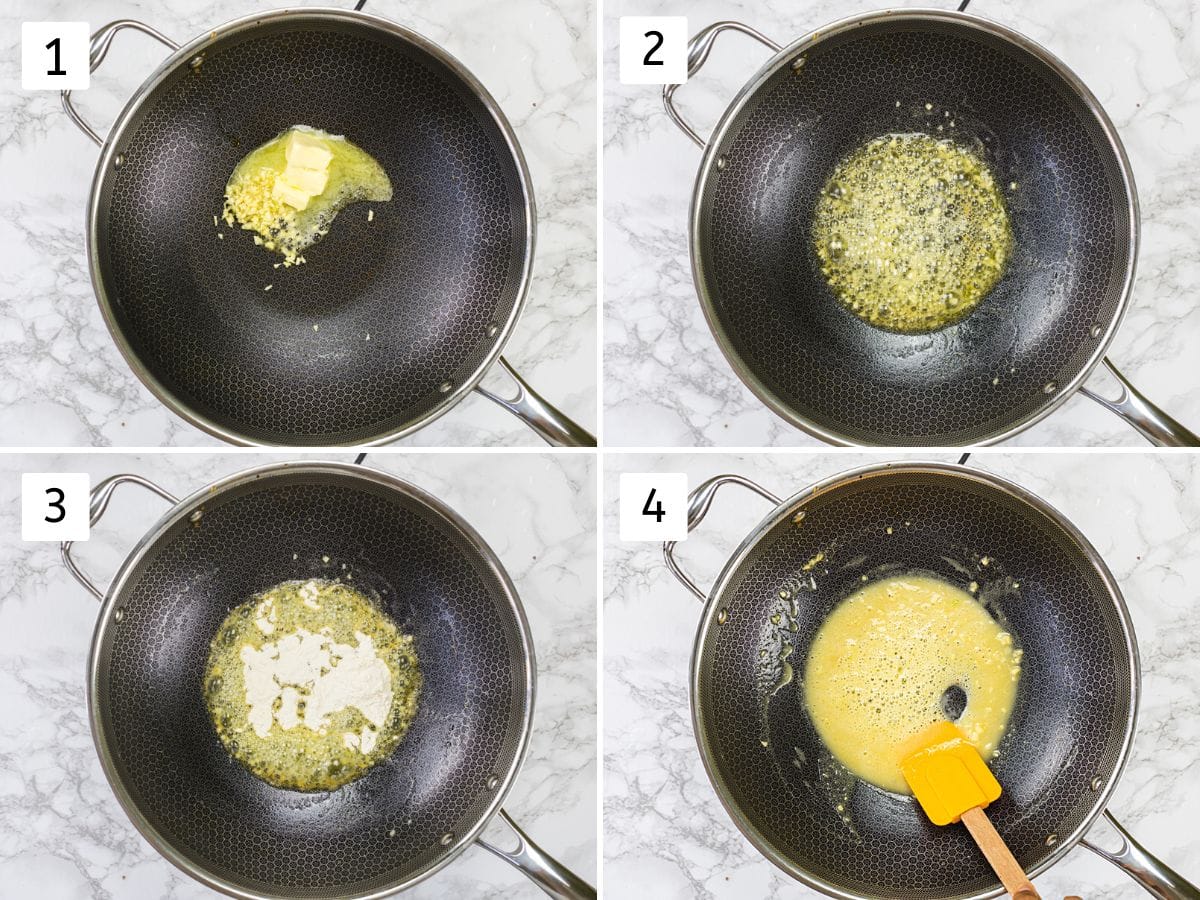 Collage of 4 images showing sauteeing garlic in butter and cooking flour.