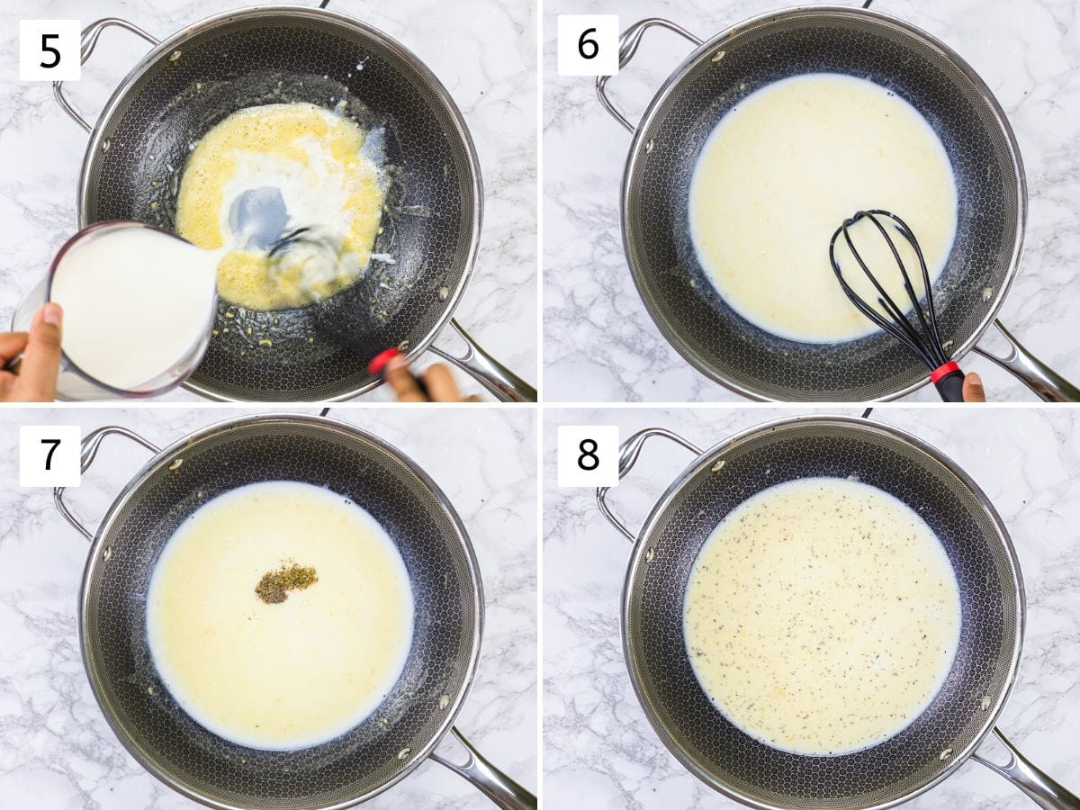 Collage of 4 images showing adding milk and whisking, adding spices and salt.