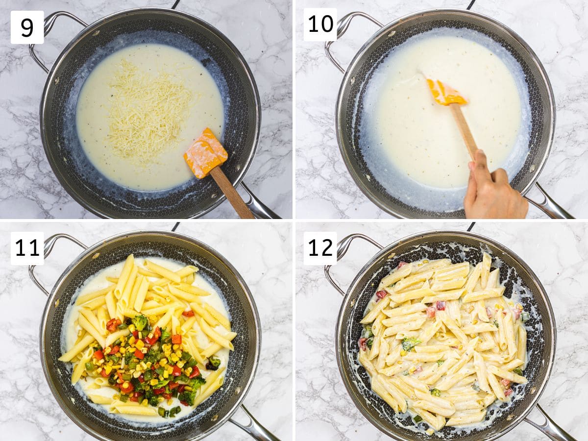 Collage of 4 images showing adding and mixing cheese, cooked veggies and pasta.