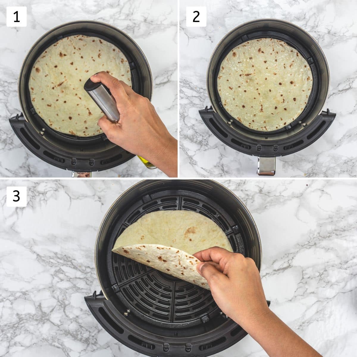 Collage of 3 steps showing spraying trotilla with oil and placing oil side down in the basket.