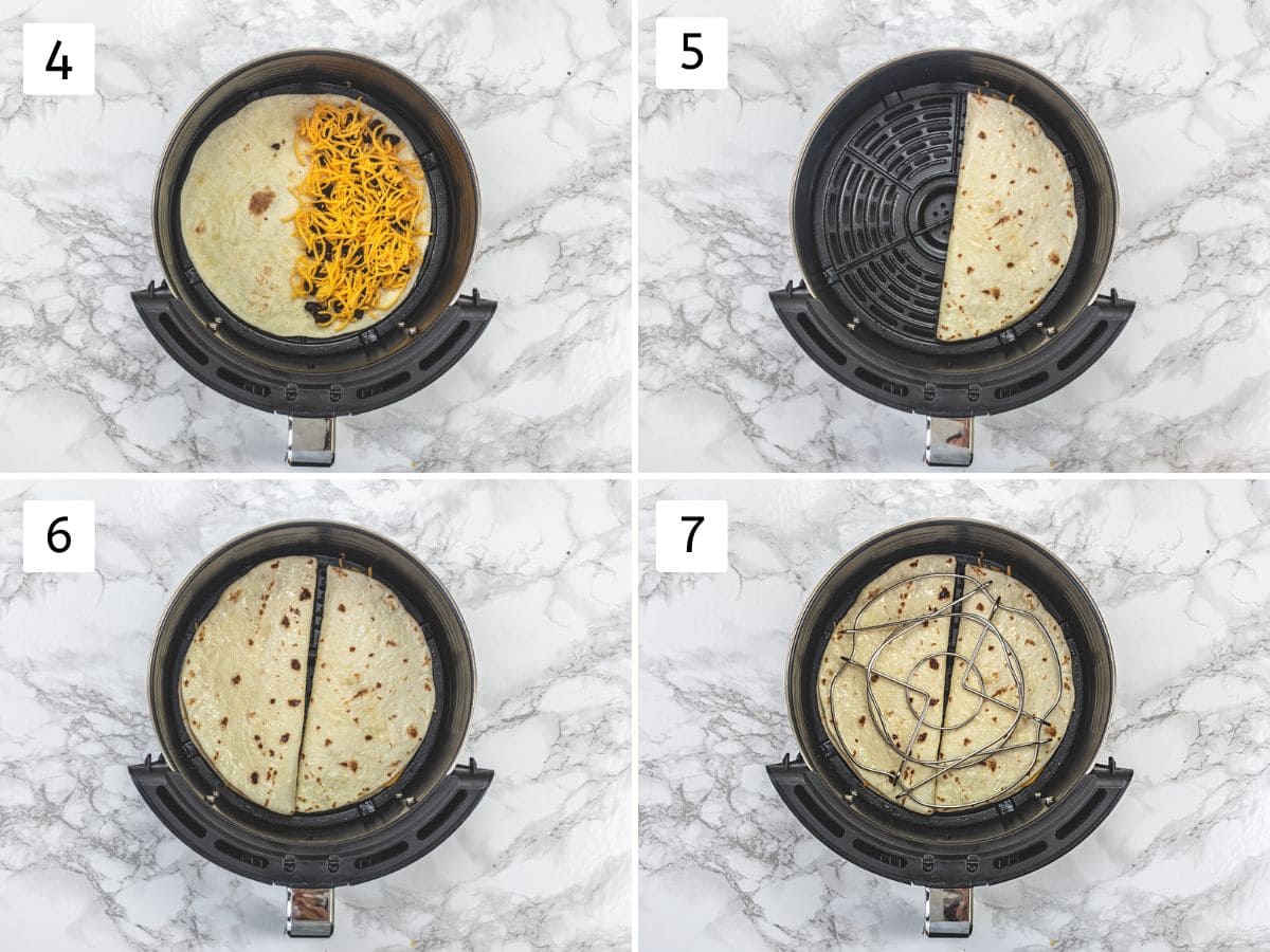 Collage of 4 steps showing spreading filling and cheese, folding in half, placing another and rack on top.