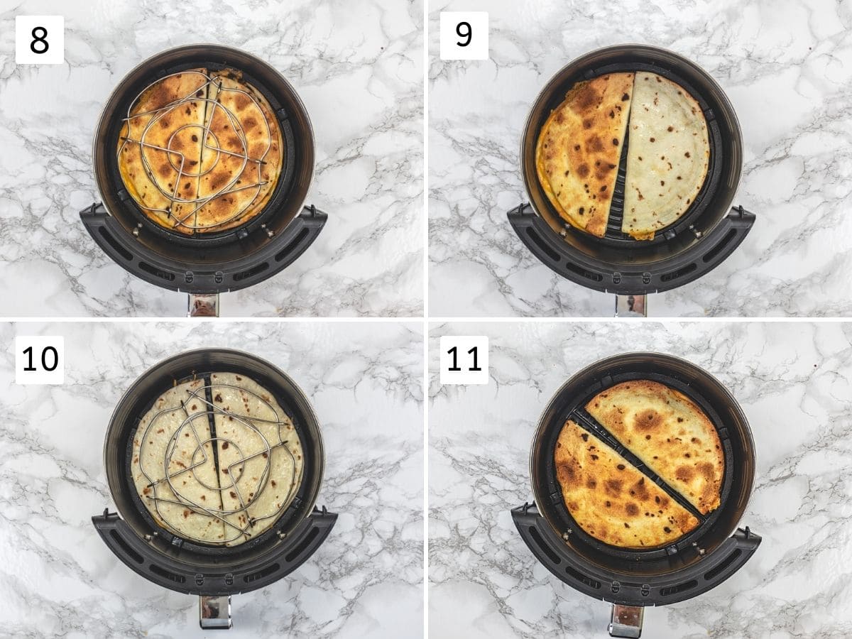 Collage of 4 steps showing air fried quesadillas, flipped and cooked.