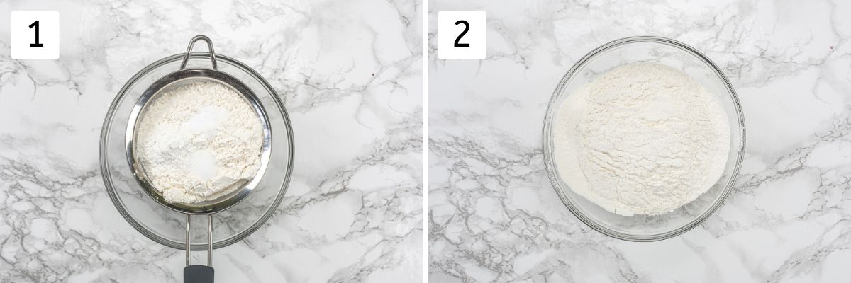 Collage of 2 images showing sifting flour and rest dry ingredients.