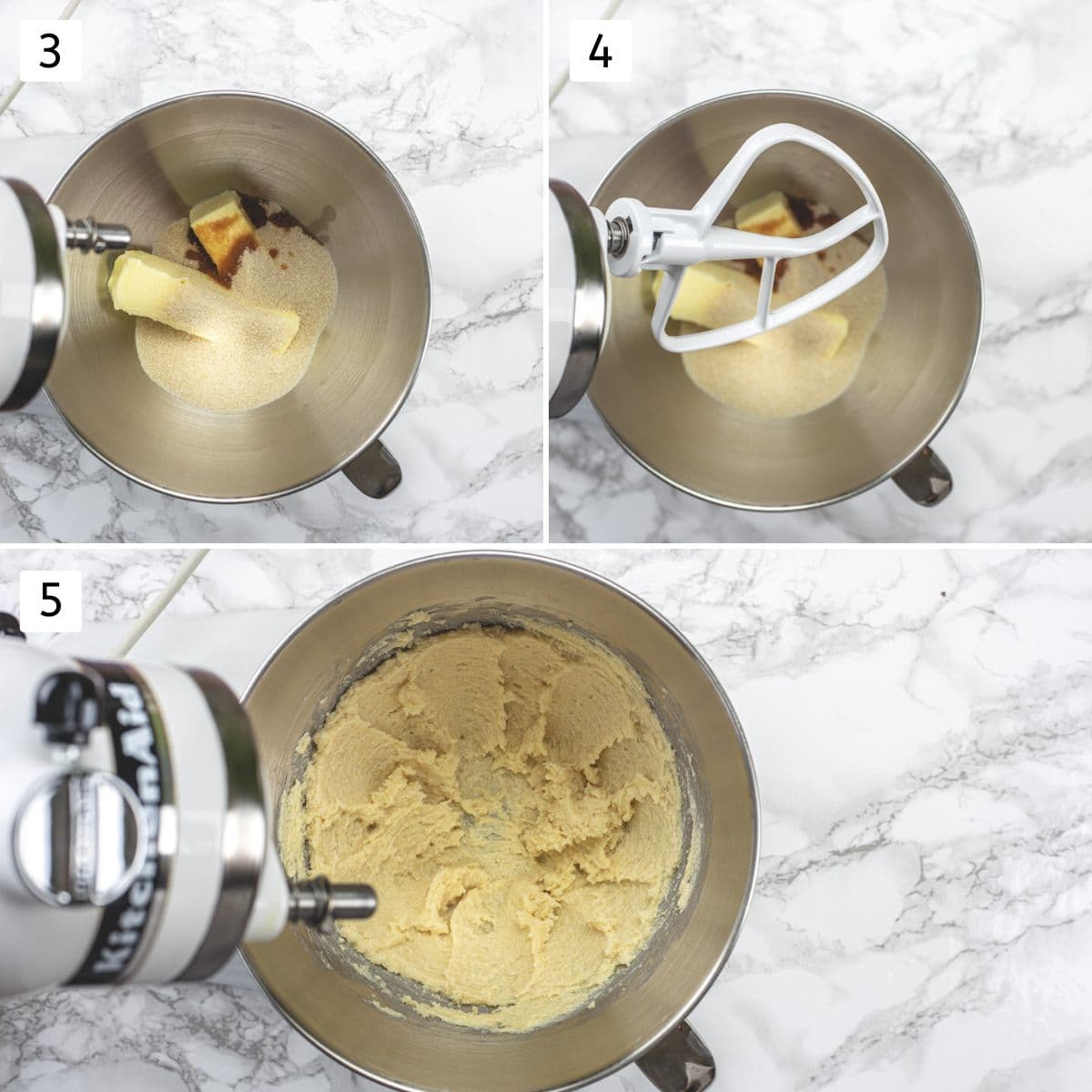 Collage of 3 images showing creaming butter and sugar with paddle attachment.