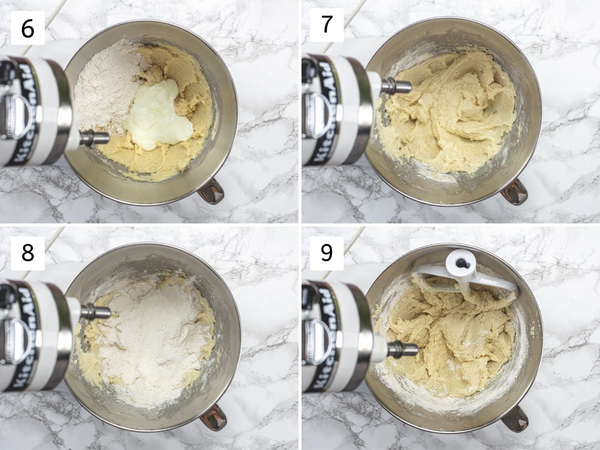 Collage of 4 images showing adding flour and yogurt in parts and beating.