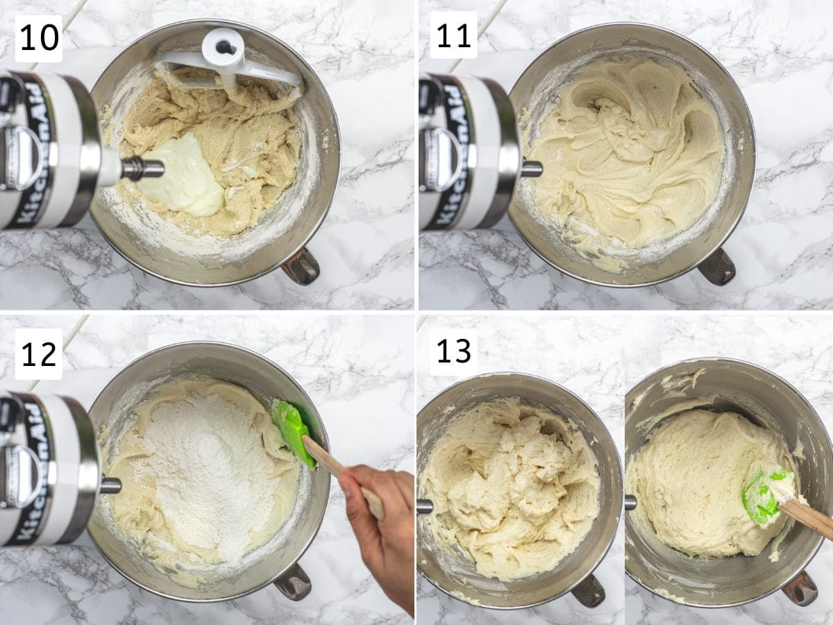 Collage of 4 images showing adding remaining flour and yogurt, beating to make batter and mixed with spatula.