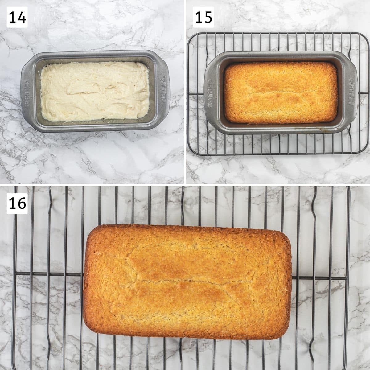 Collage of 3 images showing cake batter in a loaf pan, baked cake and cooling on a wire rack.