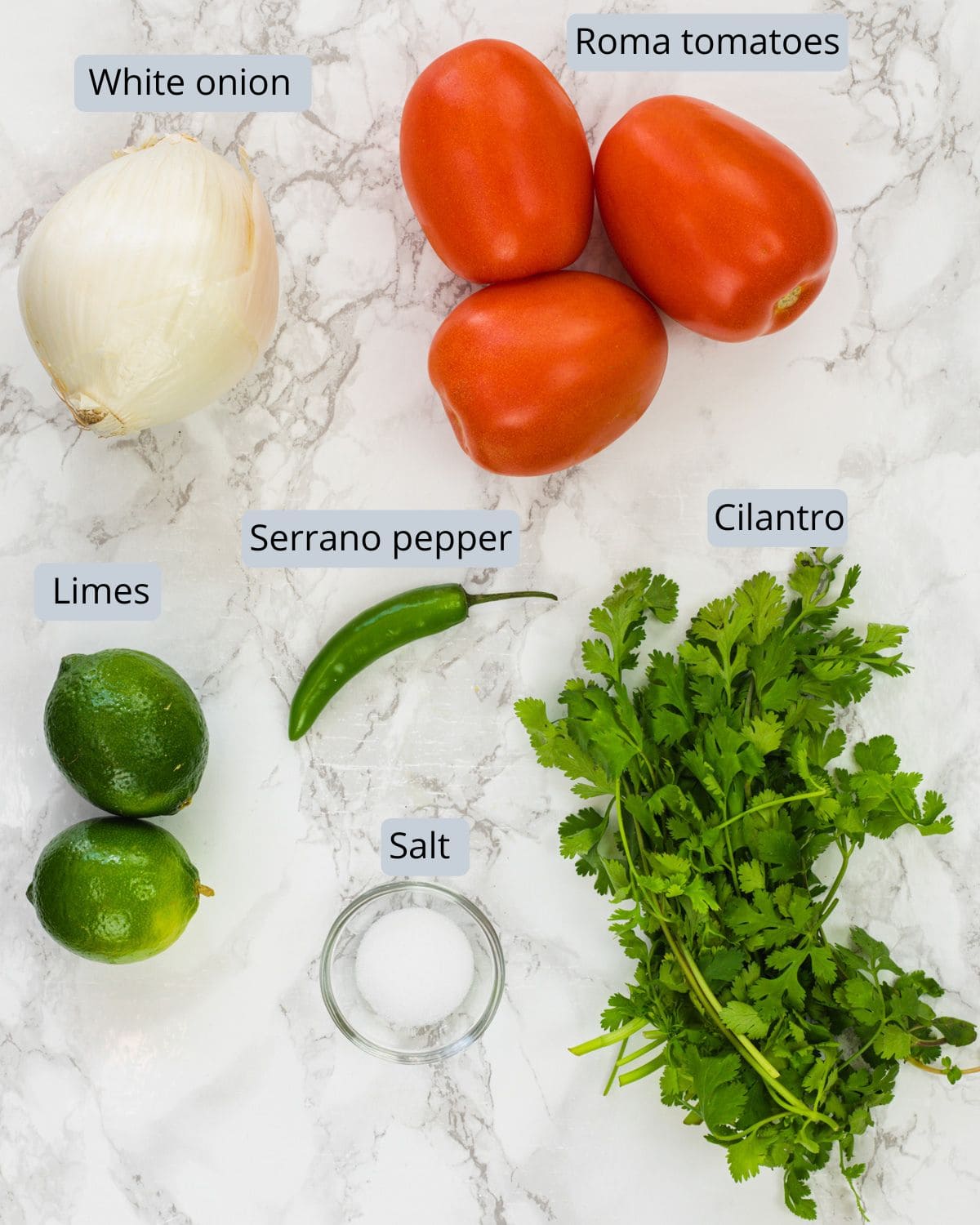 Pico de gallo ingredients on a marble surface with labels.