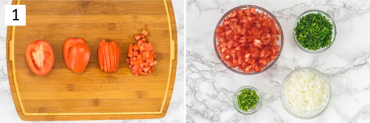 Collage of 2 images showing chopping tomatoes and rest chopped veggies in bowls.