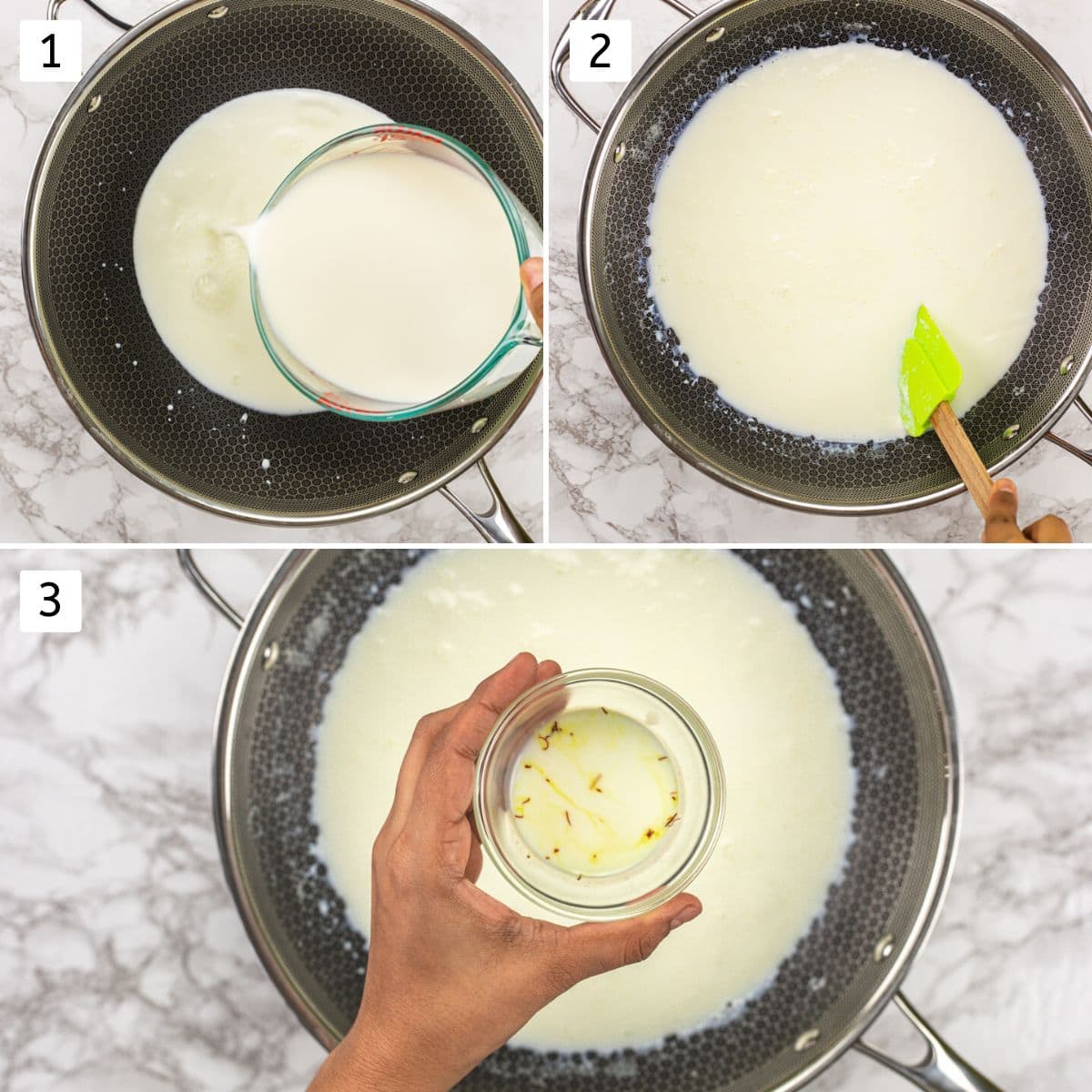 Collage of 3 images showing adding milk to the pan, stirring and taking some in a saffron bowl.