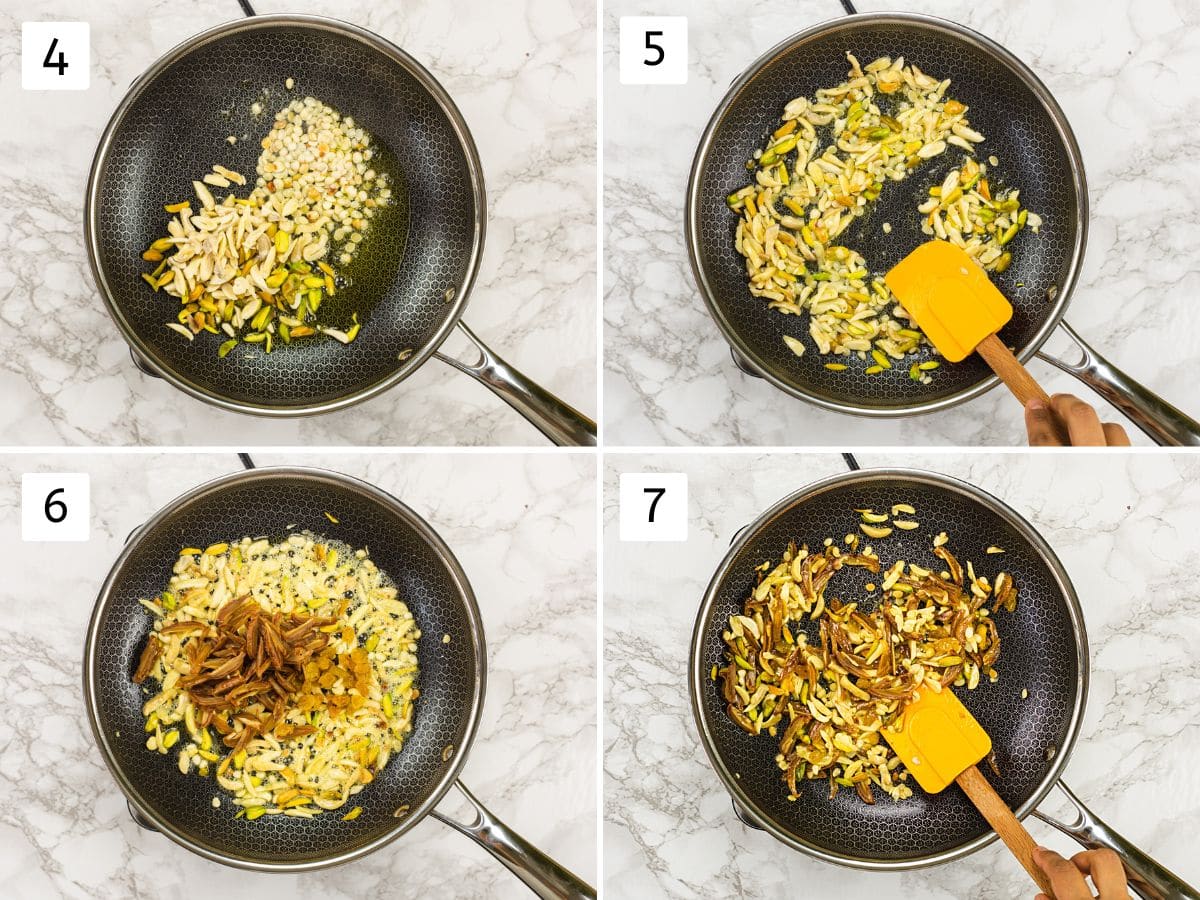 Collage of 4 images showing roasting nuts, raisins and dates.