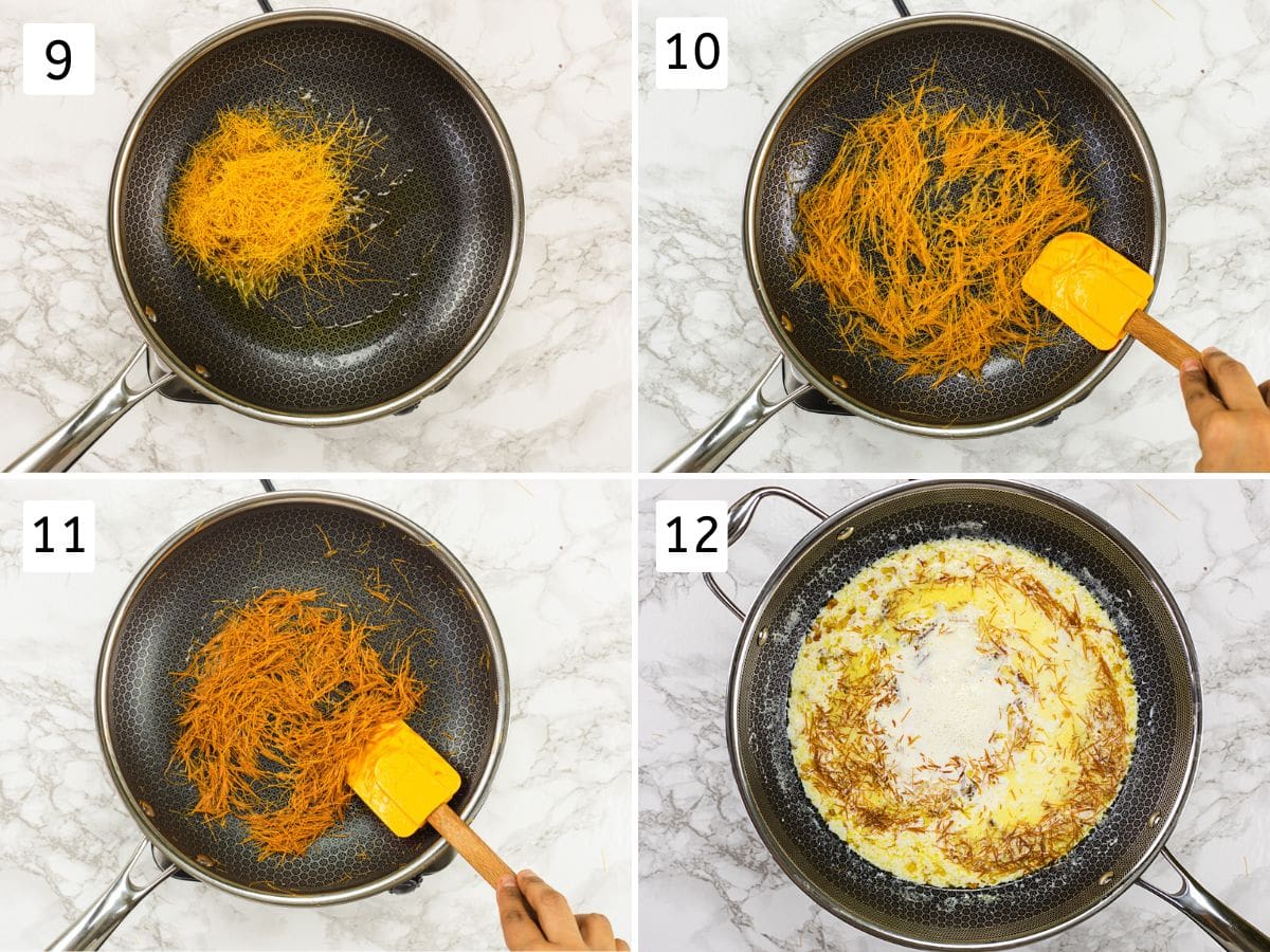 Collage of 4 images showing roasting vermicelli in ghee and adding to simmering milk.