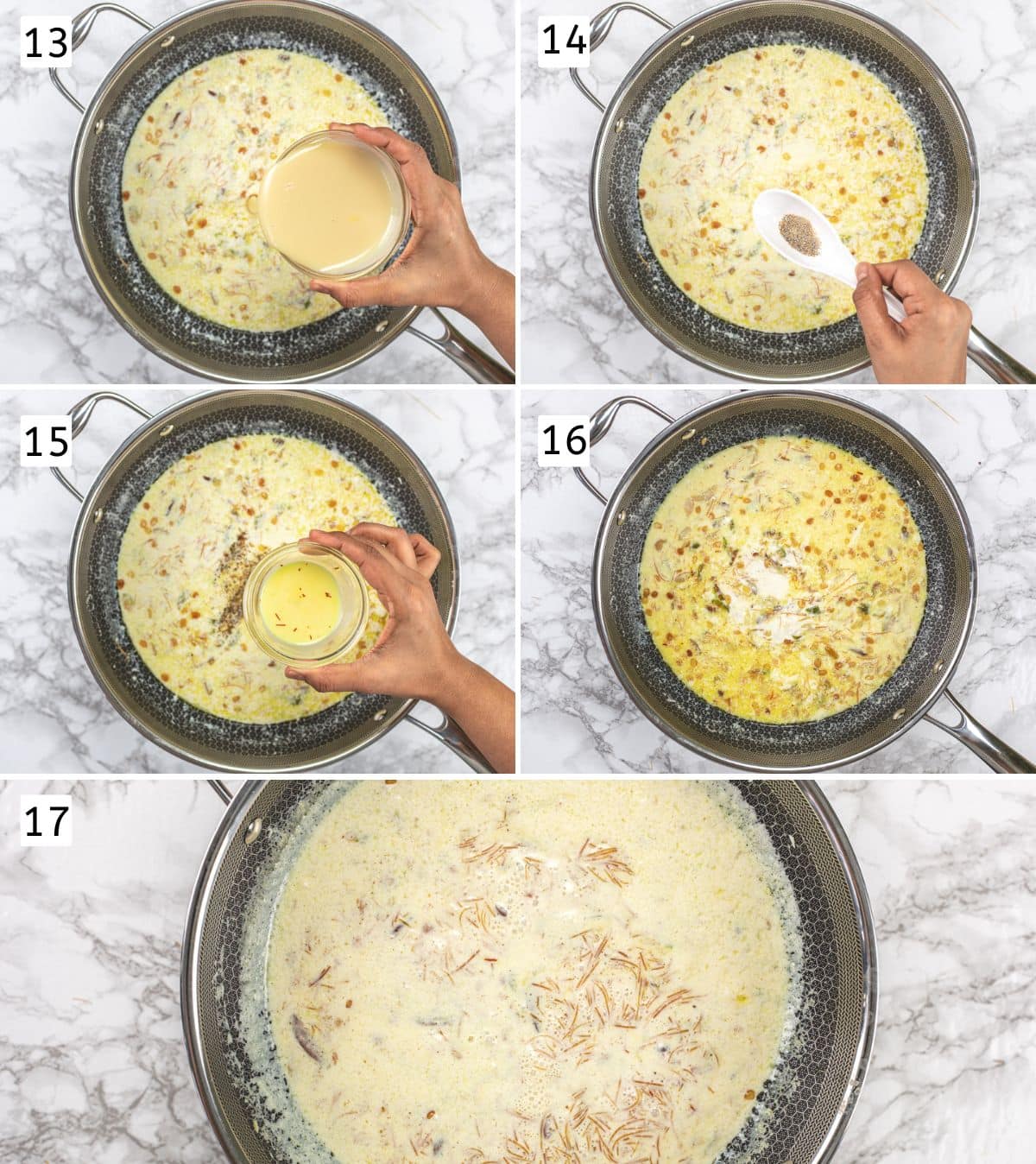 Collage of 5 images showing adding condensed milk, cardamom, saffron milk and simmering.