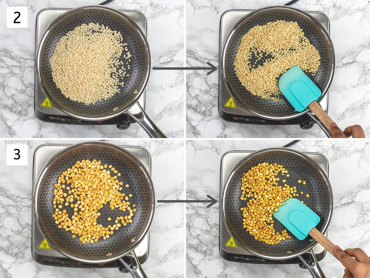 Collage of 4 images showing dry roasting urad dal and chana dal.