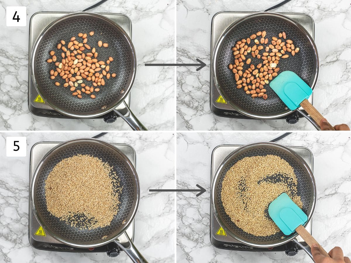 Collage of 4 images showing dry roasting peanuts and sesame seeds.