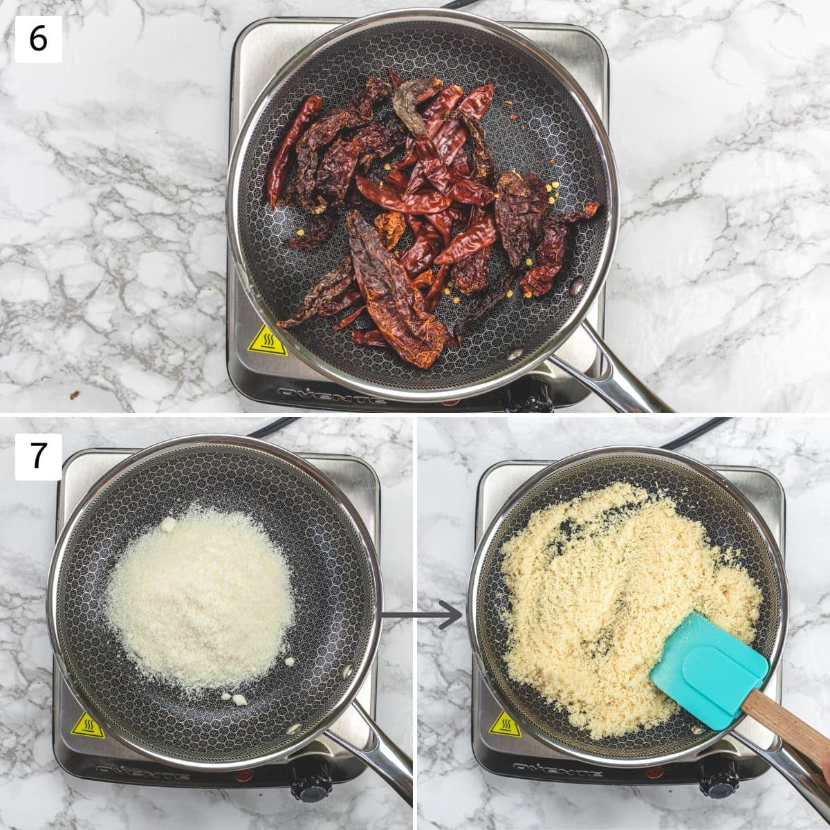 Collage of 3 images showing roasting dried red chilies and dry coconut.