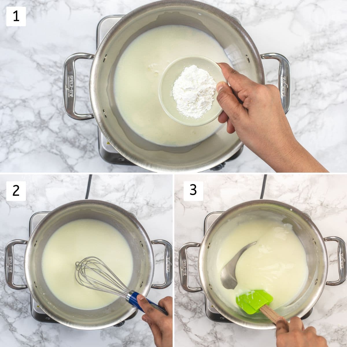 Collage of 3 images showing adding cornstarch to milk-cream mixture, whisking and cooking.