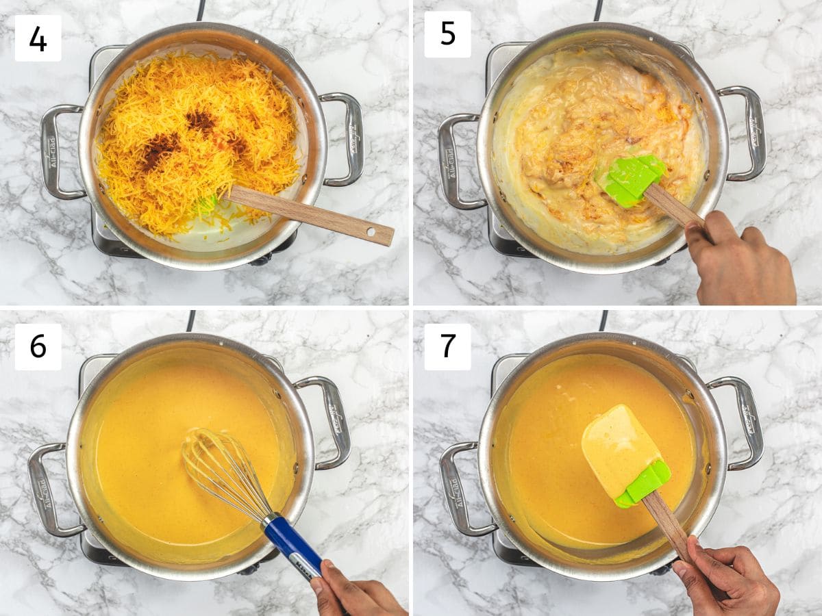 Collage of 4 images showing adding cheese and rest ingredients, stirring and cooking until melted.