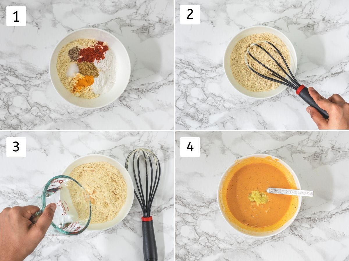 Collage of 4 images showing making pakora batter using a whisk.