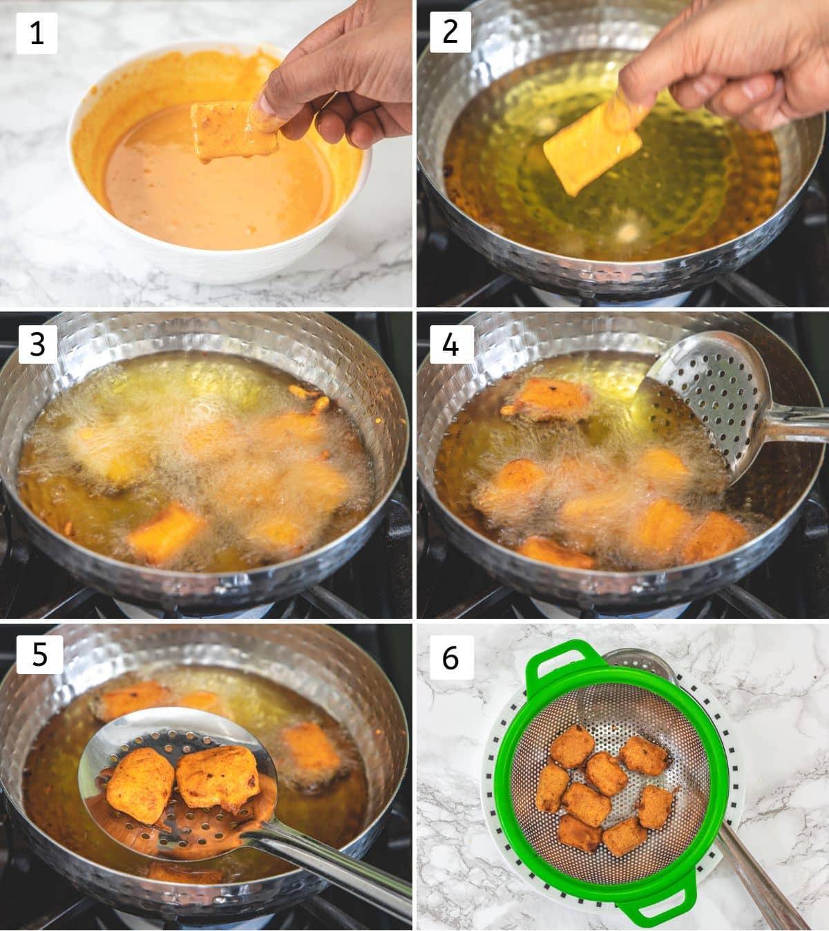 Collage of 6 steps showing dipping marinated paneer in batter and deep fried, removed to a strainer.