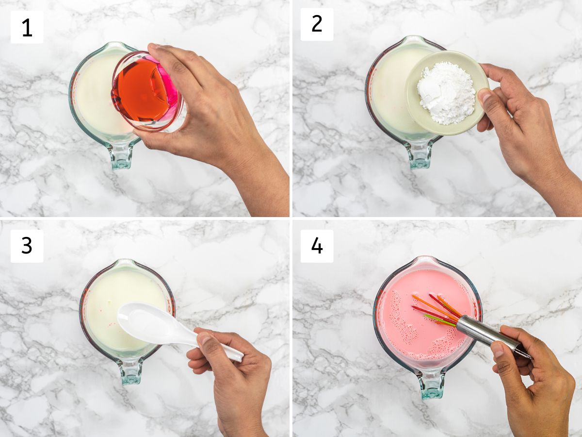 Collage of 4 images showing adding ingredients into milk and whisking.