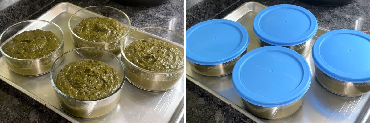 Collage of 2 images showing 4 containers of saag ready to freeze.