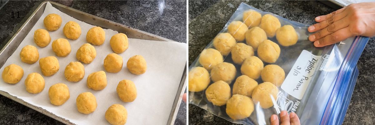 Collage of 2 images showing puran balls on a tray and in ziplock bag once frozen.