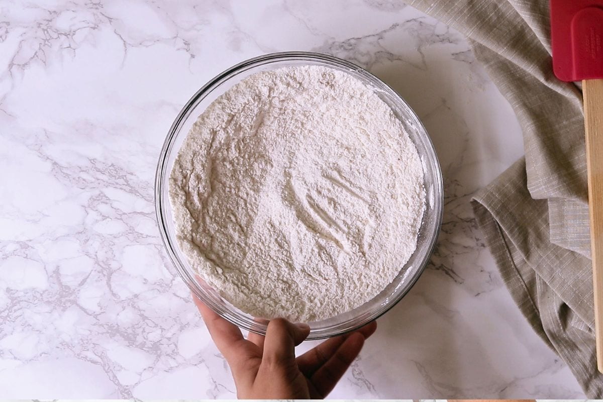 Dry flour mixture for eggless chocolate chip muffins.