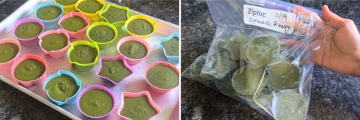 Collage of 2 images showing spinach gravy in silicone moulds and frozen cubes in a ziplock bag.