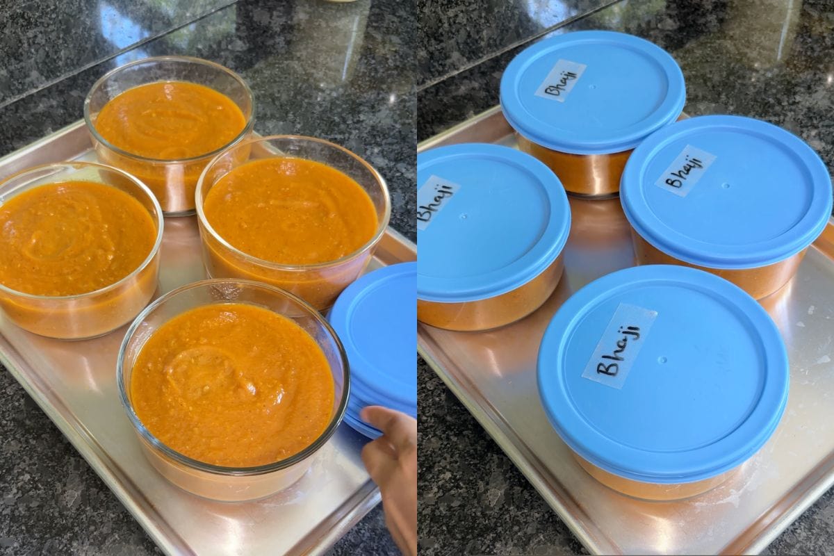 Freezing bhaji in portion container with labels on the lid.