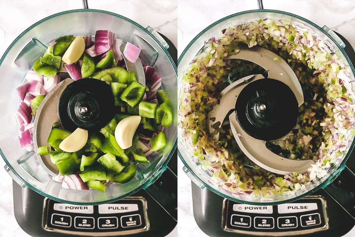 Chopping onion, capsicum in food processor.