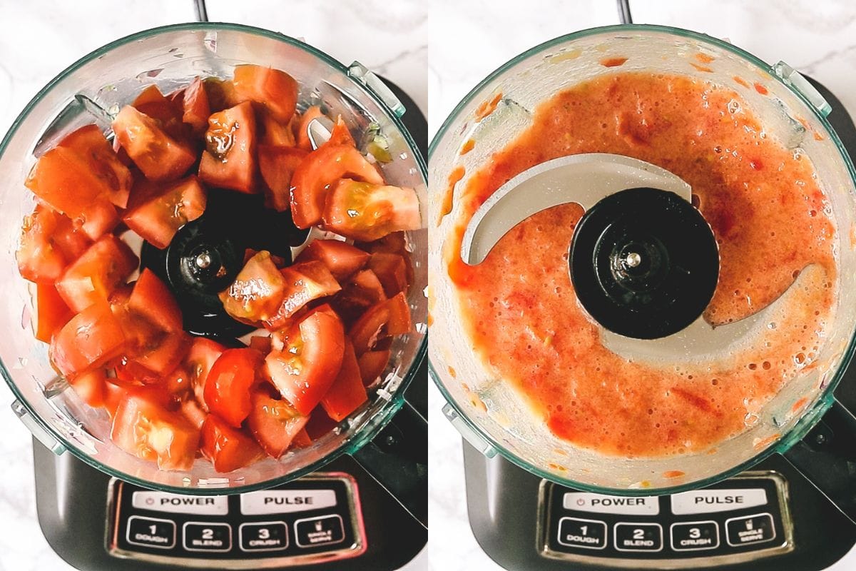 Crushing tomatoes in food processor.